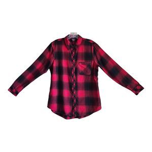 EDDIE BAUER Women M Flannel Shirt Red Black Plaid Check Contrast Cuff Cotton 40"